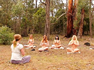 Lesbian naked yoga session in the woods with cute Marina Lee